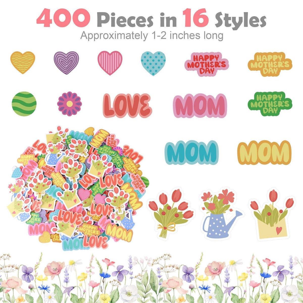 Fovths 400 Pieces Mother's Day Foam Stickers, Hearts Flowers Envelopes Dots Mom Adhesive Craft Stickers, DIY Craft Decorations Party Supplies for Happy Mother’s Day Party Decoration Cards DIY Crafts