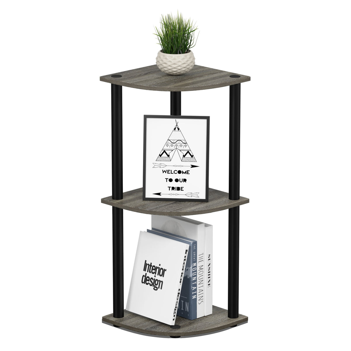 Furinno TURN-N-TUBE Corner Shelf, 3-Tier Corner Bookshelf, Display Storage Shelves with Open Shelves, for Organization and Storage, Living Room, Home Office, Garage, French Oak