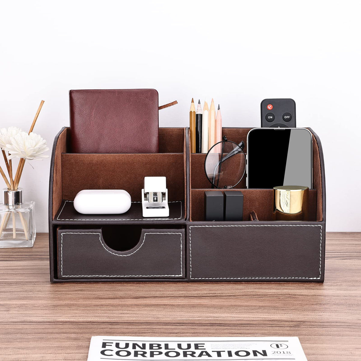 KINGFOM Pu Leather Desk Organizer Pen Pencil Holder Office Supplies Caddy Storage Box 6 Compartments with Drawer Brown
