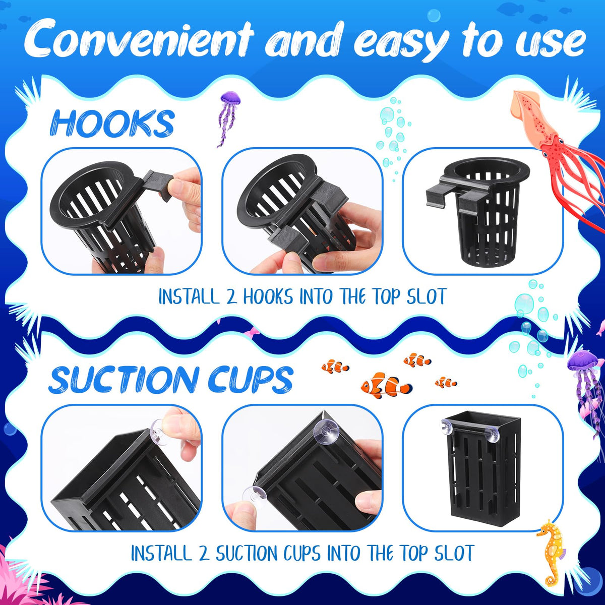 Chunful 6 Set Upgraded Large Aquarium Plant Holder Contain 6 Hanging Aquatic Pot with 36 Hooks and 12 Aquatic Planter Suction Cups for Fish Tank Aquarium Cultivation and Aquascape Decorations
