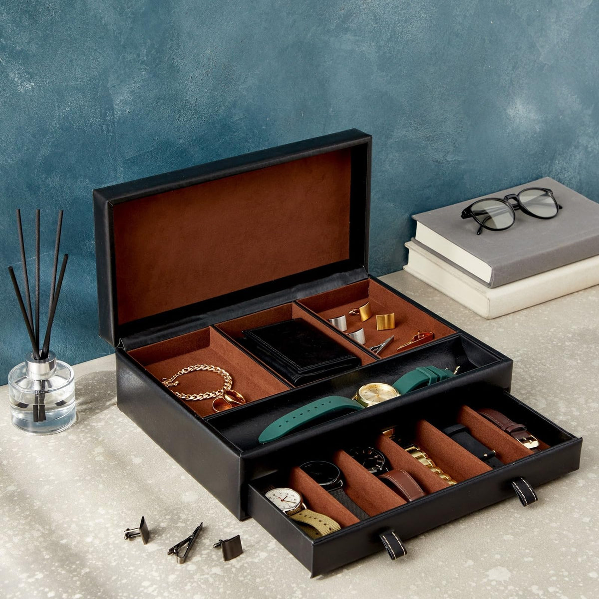Juvale Mens Jewelry Box Organizer and Holder - Black Watch Box with Leather Valet Tray for Home Improvement - 12.6 x 9 x 4 In - Mens Jewelry Organizer