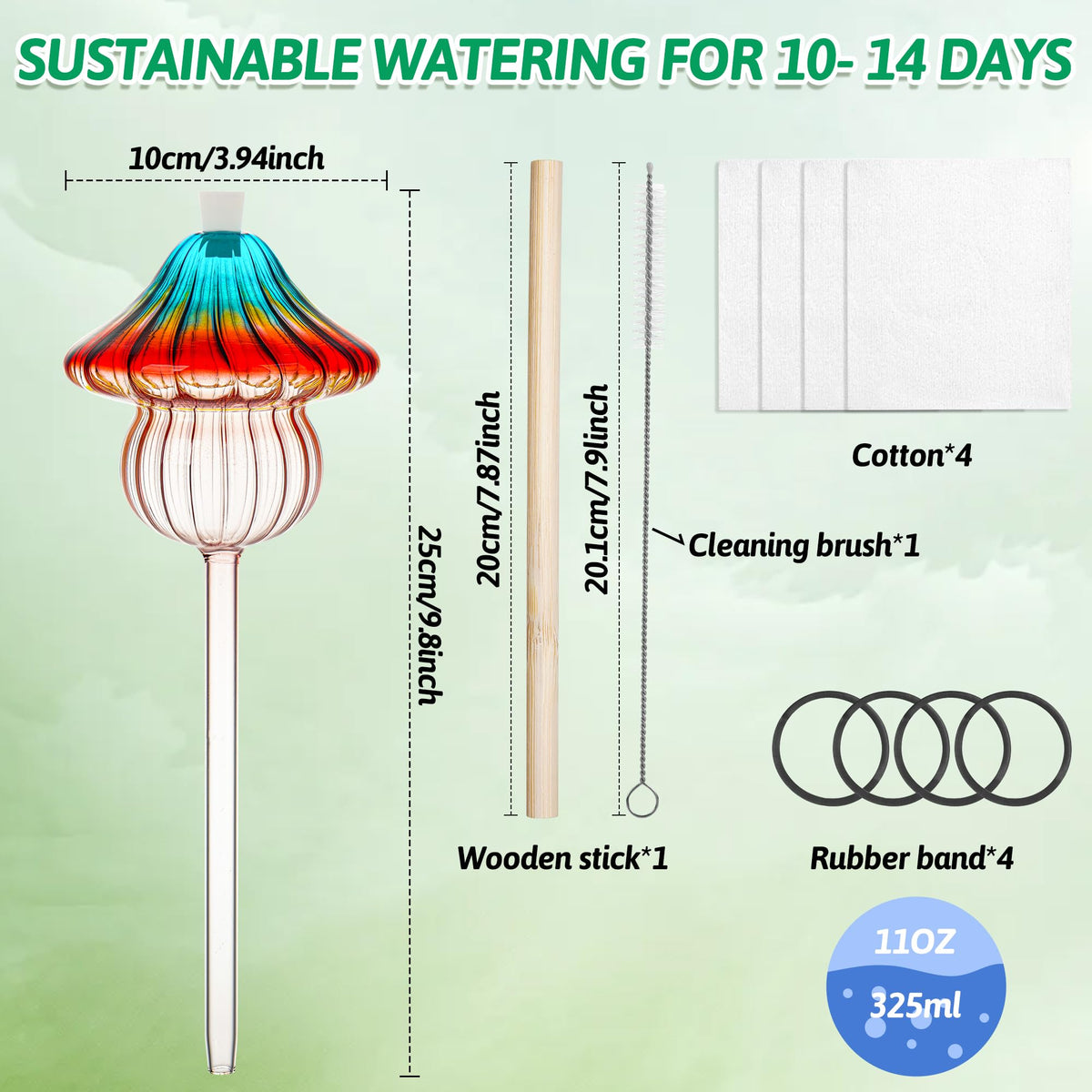 Kaimfdg 11 oz Large Plant Watering Globes Mushroom, Gradient Color Glass Watering Bulbs, Self Watering Planter Insert, Self Watering Globes - Vacation Plant Watering Devices for Travel (Large 4-Pack)