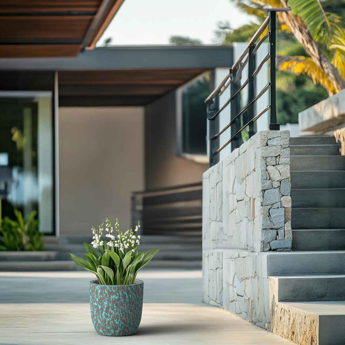Humid Jade 13.4-Inch Dia Round Concrete Planter, Weathered Clay Speckled Plant Pot with Drainage Hole, Modern Stone Texture for Indoor Outdoor Use – Patio, Garden, Entryway, Ocean Teal Veil