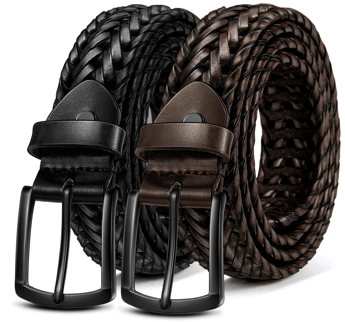 BULLIANT Men Belt 2Pack,Braided Woven Leather Belt For Men Golf Casual Jeans 1 3/8"(Black/Deep Brown,26"-30" Waist Adjustable)