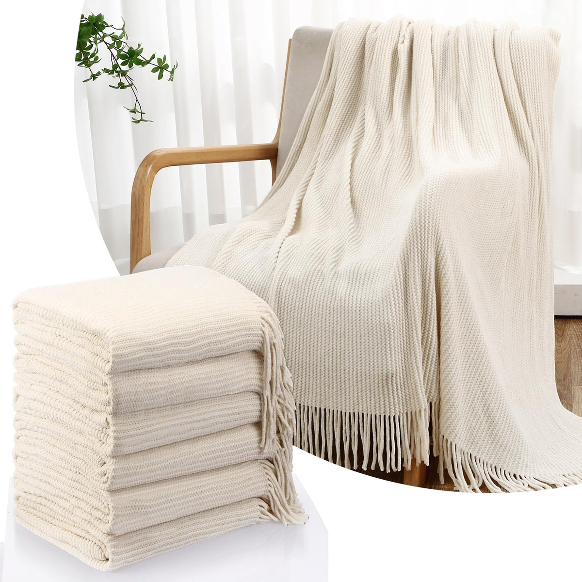 SmoothNovelty 6 Pcs Beige Boho Throw Blankets Bulk Cozy Knitted Bed Throw Blanket with Tassels Woven Textured Decorative Throw Blanket for Couch Room Sofa Bed Chair Acrylic Wave Pattern, 50" x 60"