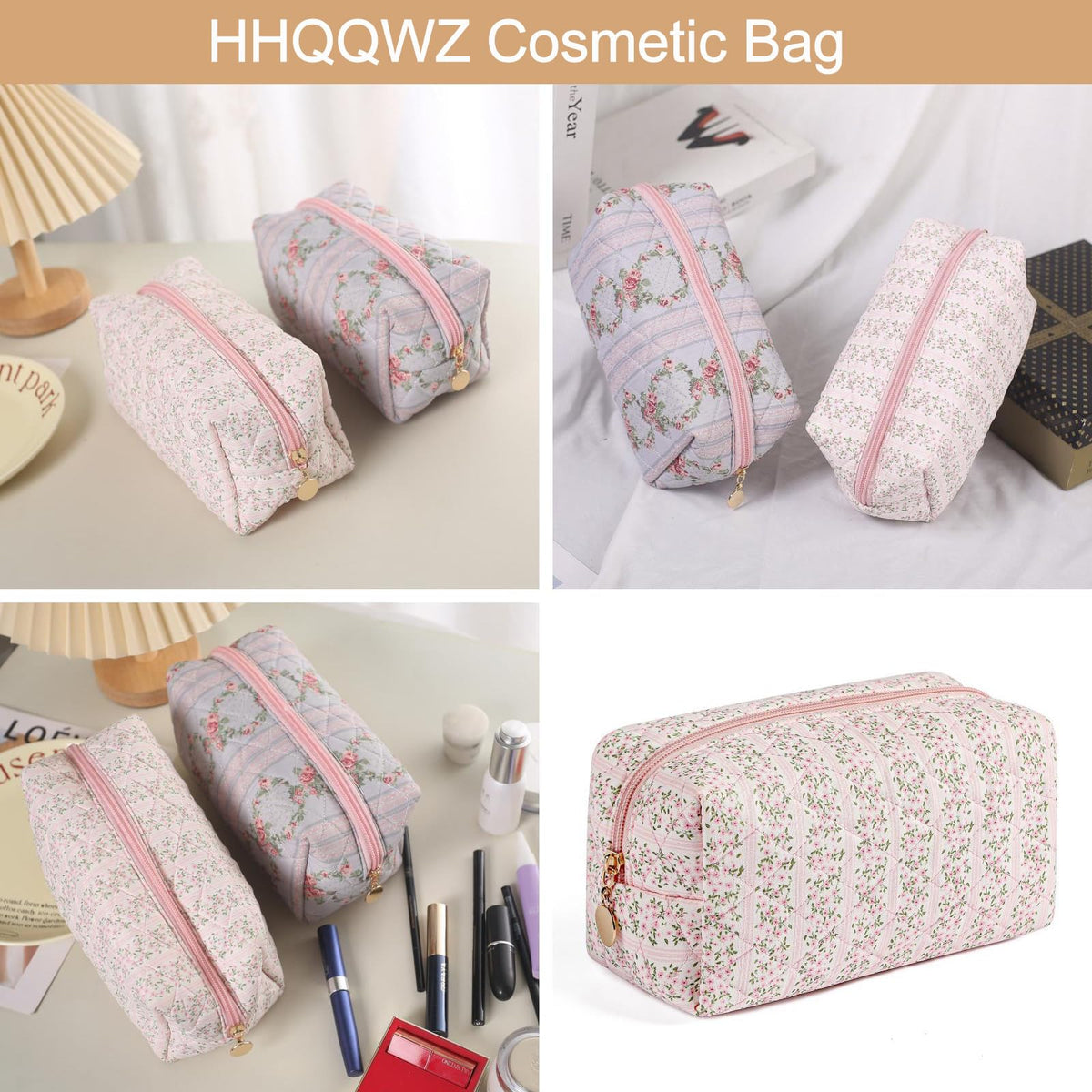 HHQQWZ Makeup Bag Travel Cosmetic Bag for Women Girls, Zipper Make Up Pouch, Floral Flowers Toiletry Organizer Makeup, Portable Storage Cosmetic Travel Cloth Bag (Pink)