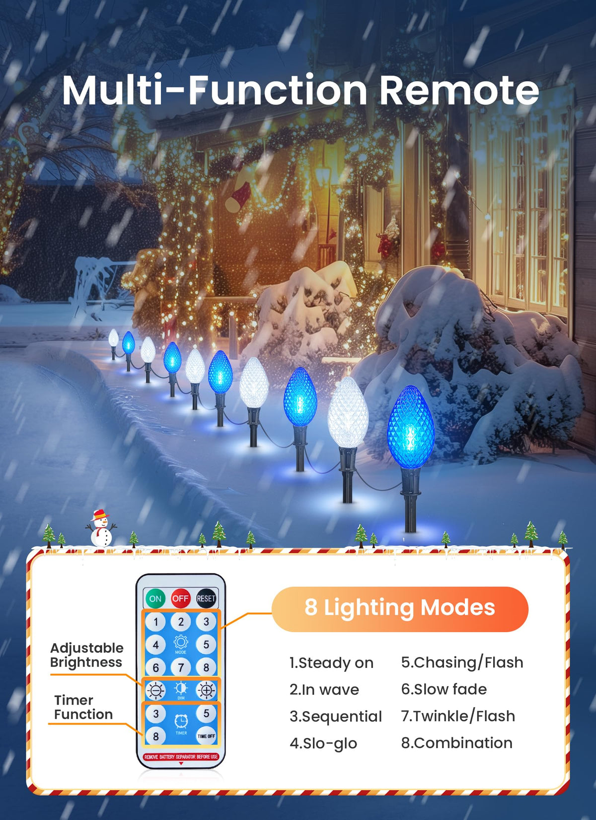 Minetom Solar Double C9 Christmas Pathway Lights, 10 LED, 16FT, Timer, 8 Modes, Strawberry-Blue & Pure White