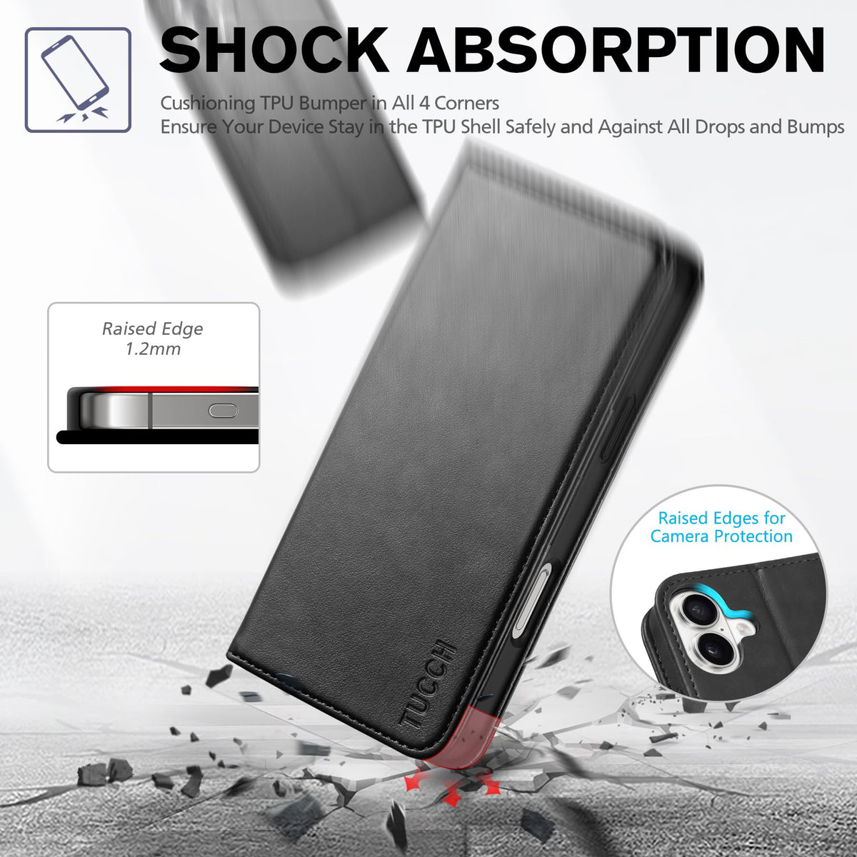 TUCCH Case Wallet for iPhone 16 Plus, [3 Card Holder Slots] Folio PU Leather Cover, [RFID Blocking] Stand Flip TPU Shockproof Interior Case Compatible with iPhone 16 Plus, Black