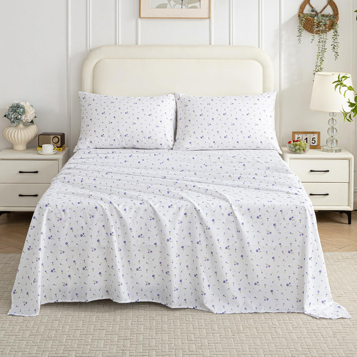 Softan Purple Floral King Bed Sheet Set, Cozy Microfiber Patterned Fitted Sheets with 15" Deep Pocket & Non-Slip Straps, Cute Purple Flower Printed Sheets & Pillowcase Set King