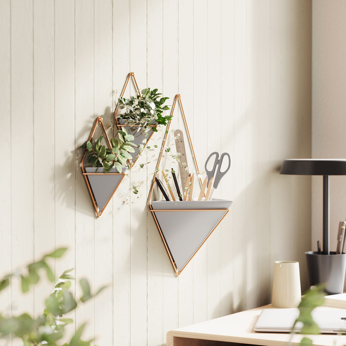 Umbra Trigg Hanging Planter Vase Wall Decor, Set of 2 Pots Containers for Succulents, Cactus, Faux Plants, and More, Small, Grey/Copper