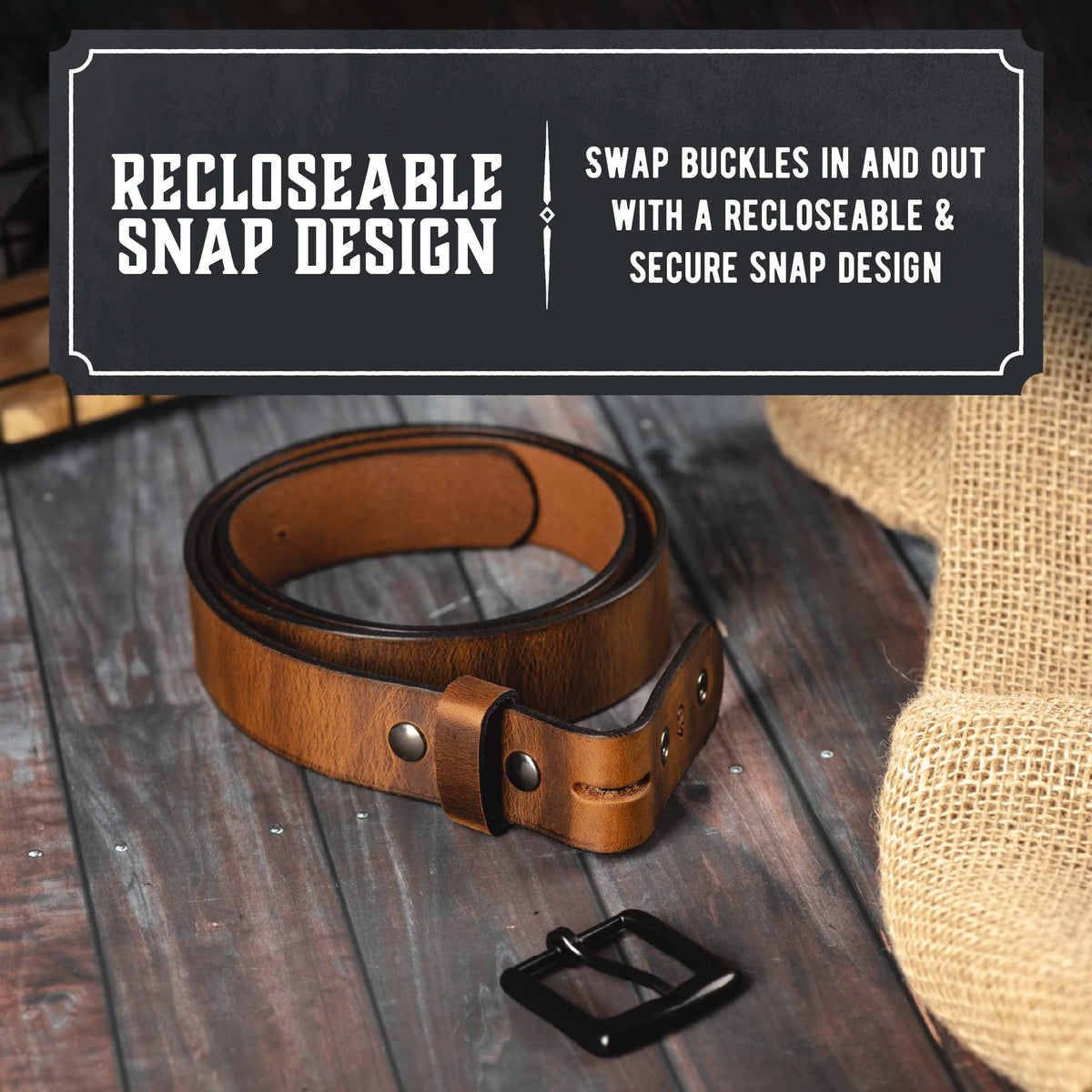 No Buckle Belt | Made in USA Mens Cowboy Belt | 1 1/2" Leather Belt Strap with Snaps | Classic Black 34