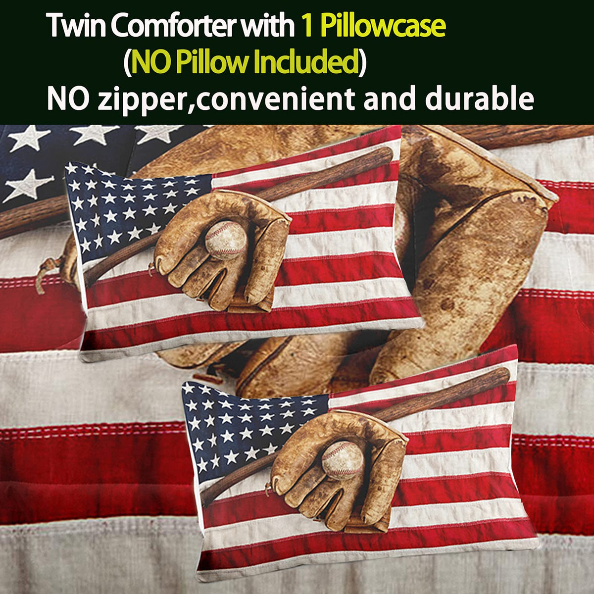 Bodhi Boys Sports Bedding Set - Queen Size, Baseball & American Flag Comforter Set with Pillowcases