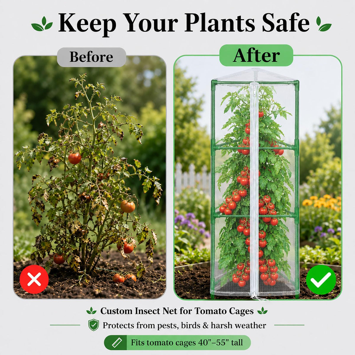 Halatool Garden Tomato Plant Cover Netting, Fits 40–55" Tall Square Tomato Cages, Garden Bird Netting with Zipper & Drawstring, Insect Barrier, Plant Covers from Insects Animals, 4 Pack, 45"×15.7"
