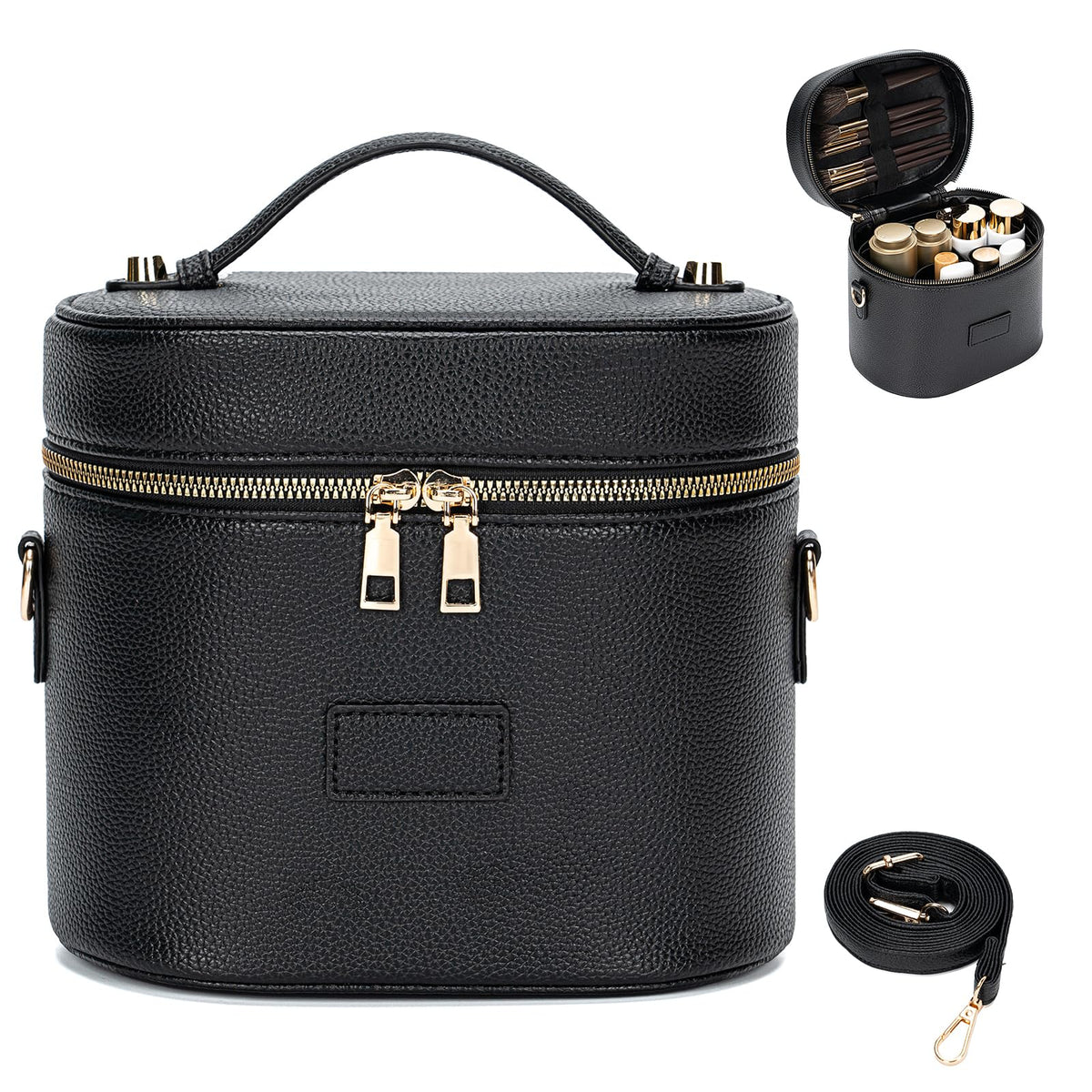 BAGOK Leather Vanity Case Makeup Bag with Removable Divider, Washable Compartments, Dual Zipper & Carry Handle – Travel Toiletry Organizer for Women