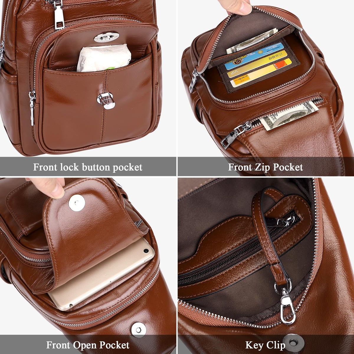 Over Earth Genuine Leather Sling Bag for Women Men Small Causal Crossbody Purse Chest Backpack(O212E Brown)