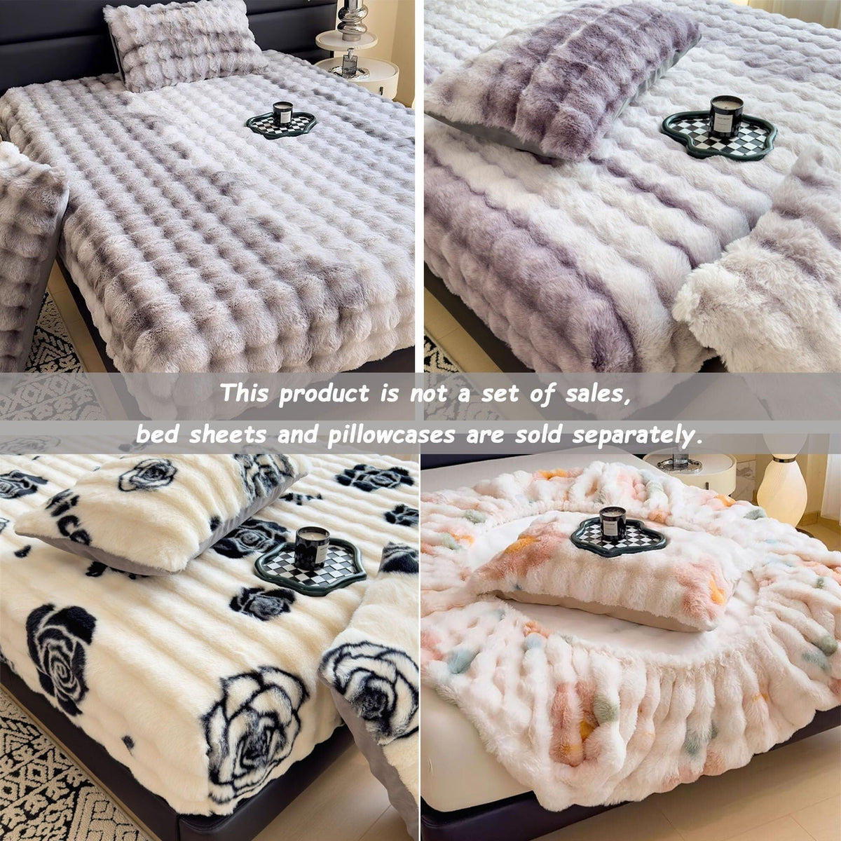 Elastic Bed Sheets, Milk Velvet Fitted Sheet, Winter Warm Mattress Cover, Faux Rabbit Fur Fitted Sheets, Fluffy Mattress Protector Bedspread, Machine Washable and Non-Fade(I,2 Pillowcases)
