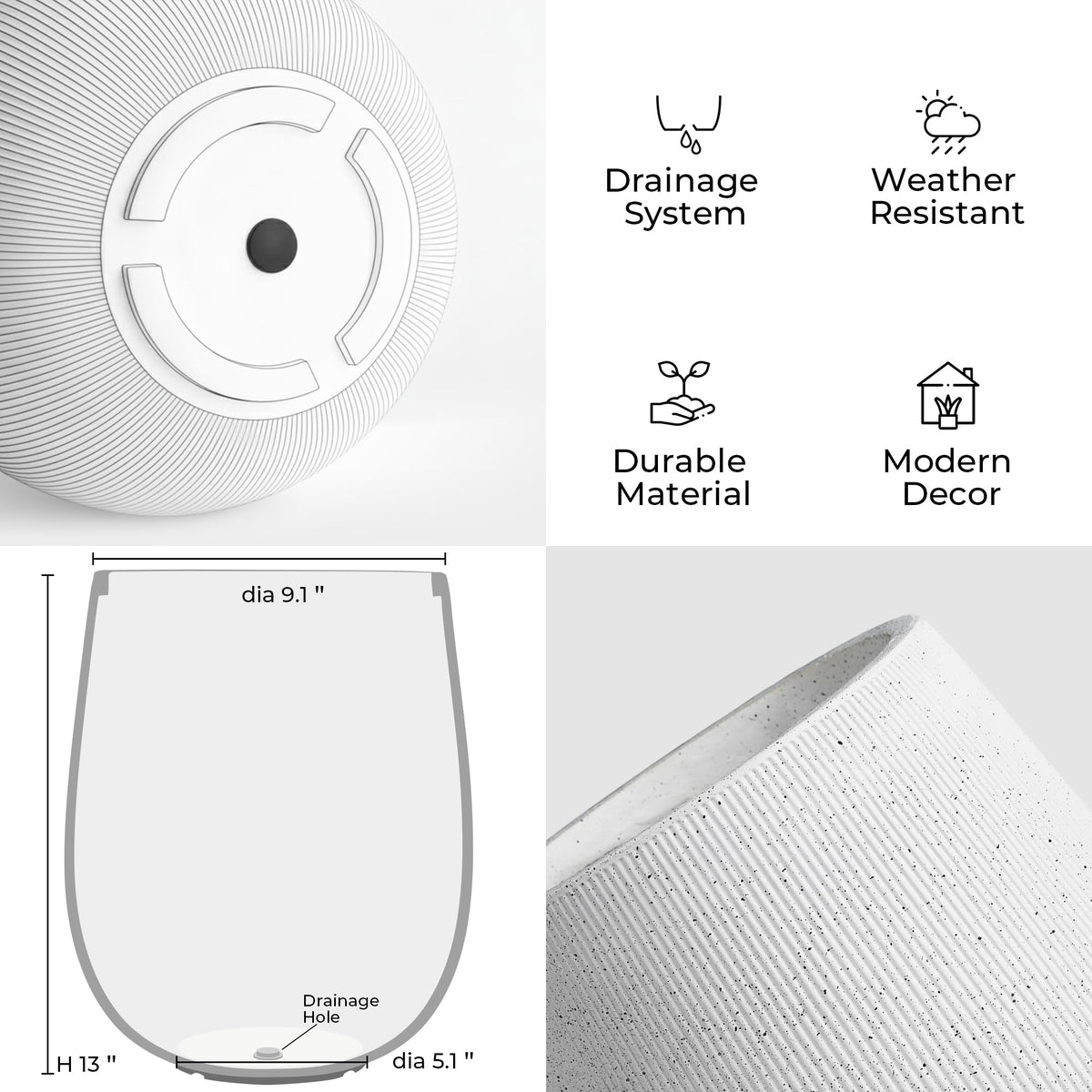 Worth Garden White Large Round Planter, 9" Dia x 13" H Lightweight Magnesium Oxide Cement Plant Pot with a Striped Textured Finish, Raised Pattern Concrete Look, Drainage Hole, Indoor & Outdoor Use