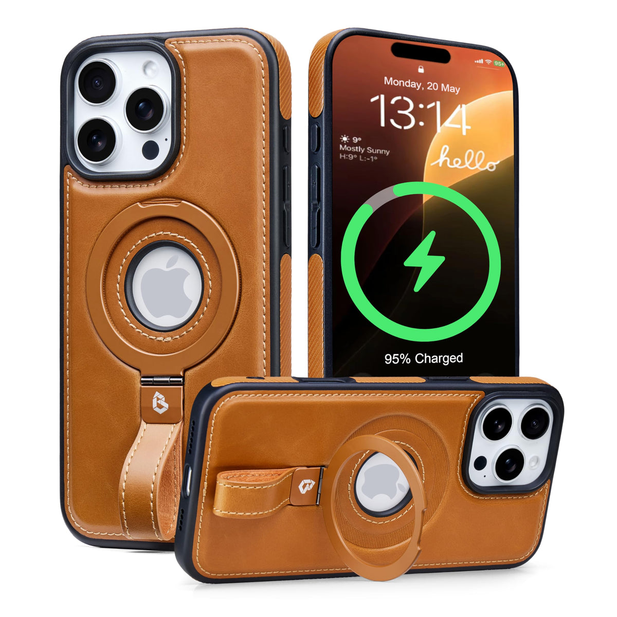 Butaiga for iPhone 16 Pro Max Leather Case with Stand, Anti-Slip Grip Ring, Fits for MagSafe (Brown, iPhone 16 Pro Max)