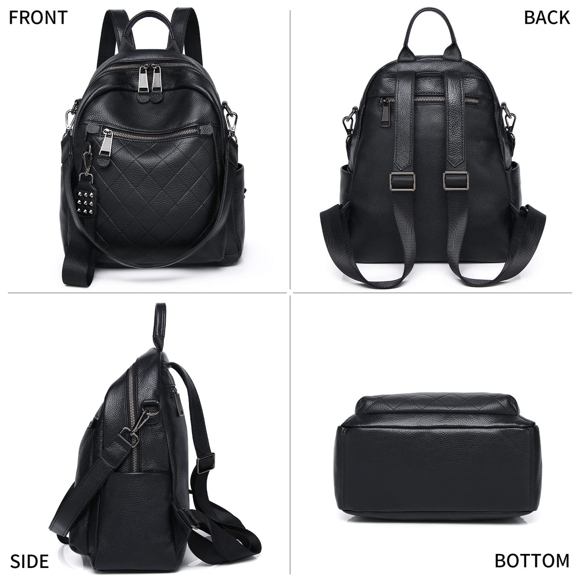 Wesccimo Genuine Leather Backpack Purse For Women Black Quilted Real Soft Leather Fashion Designer Convertible Ladies Shoulder Bag