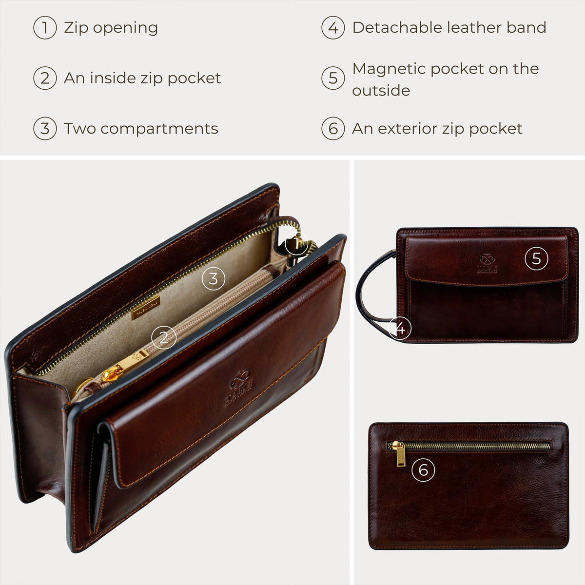 Time Resistance Leather Clutch for Men - Organizer Wrist Bag Briefcase - Handmade in Italy (Brown) - Gift Box Included