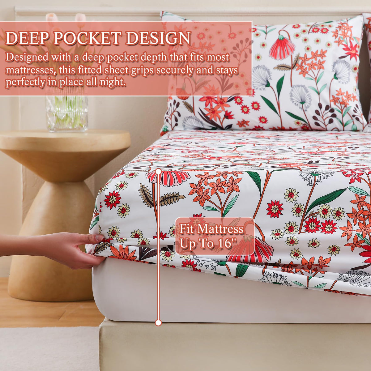 CIMVI Fashion Flower Sheet Set Queen Size 4 Pieces Floral Bedding and Pillowcases 15 inch Deep Pocket Fitted Sheets Soft Breathable Bed Sets Woman Adults Decor Bedroom