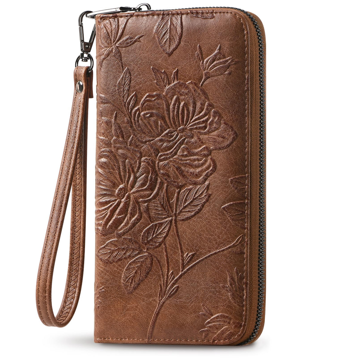 FORUWISH Wallet Women RFID Credit Card Holder Embossed Vegan Leather Large Capacity Brown Wristlet Wallets for Women