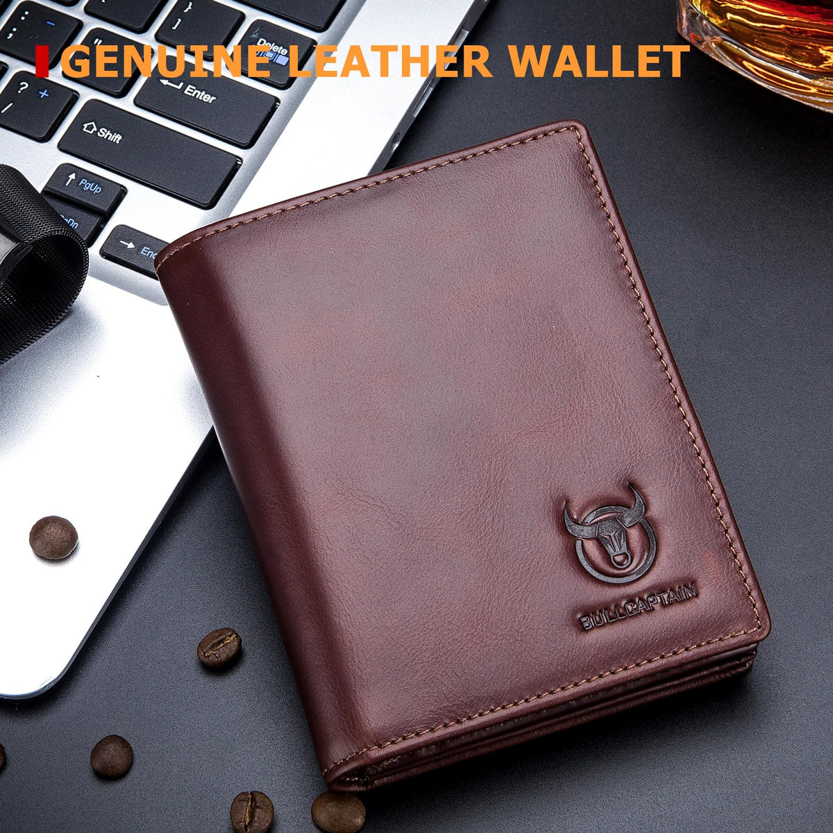 BULLCAPTAIN Large Capacity Genuine Leather Bifold Wallet/Credit Card Holder for Men with 15 Card Slots QB-027 (Brown)