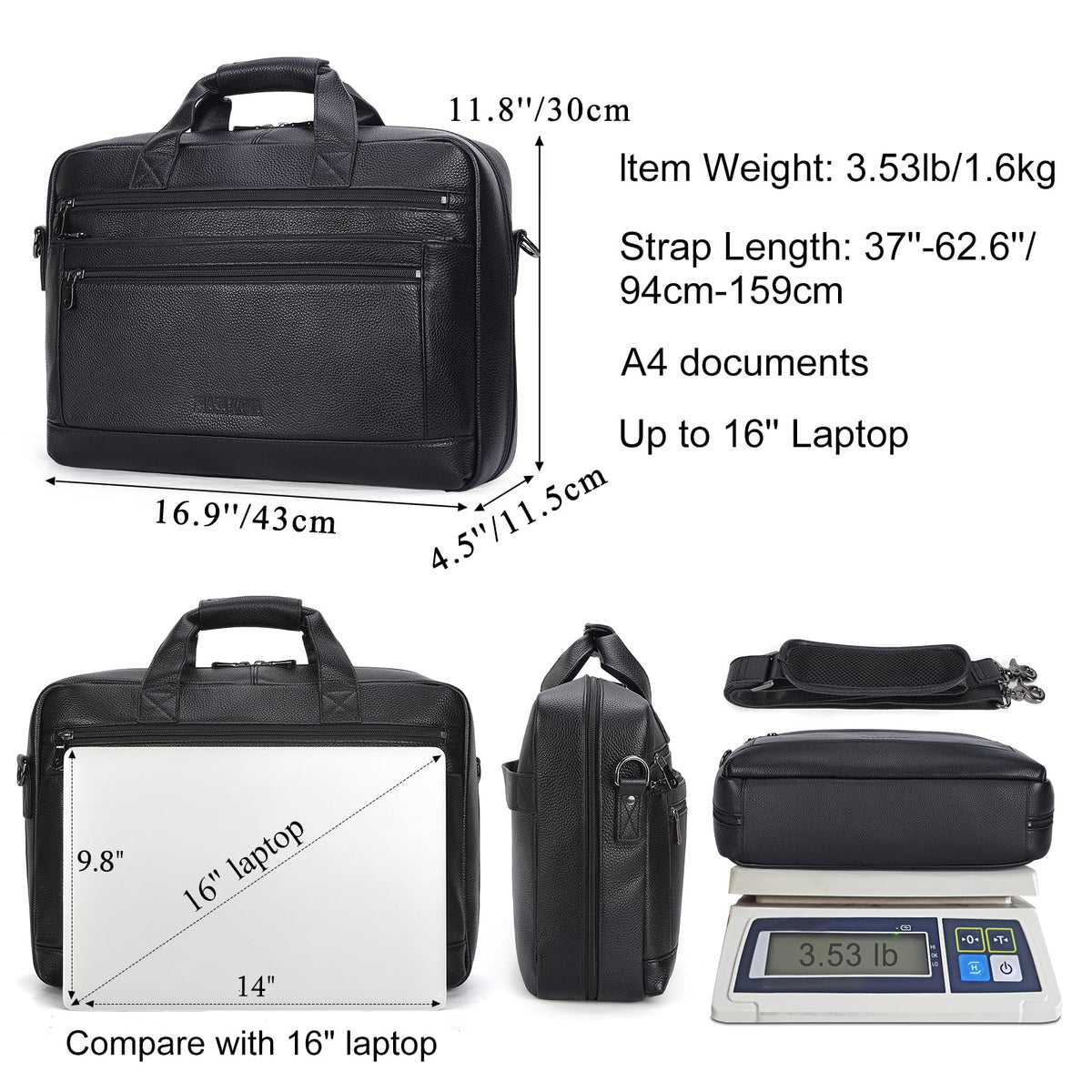 Masa Kawa Men’s Leather Briefcase for 16" Laptop Waterproof Crossbody Shoulder Messenger Bag Business Travel Work Computer Attache Case, Black
