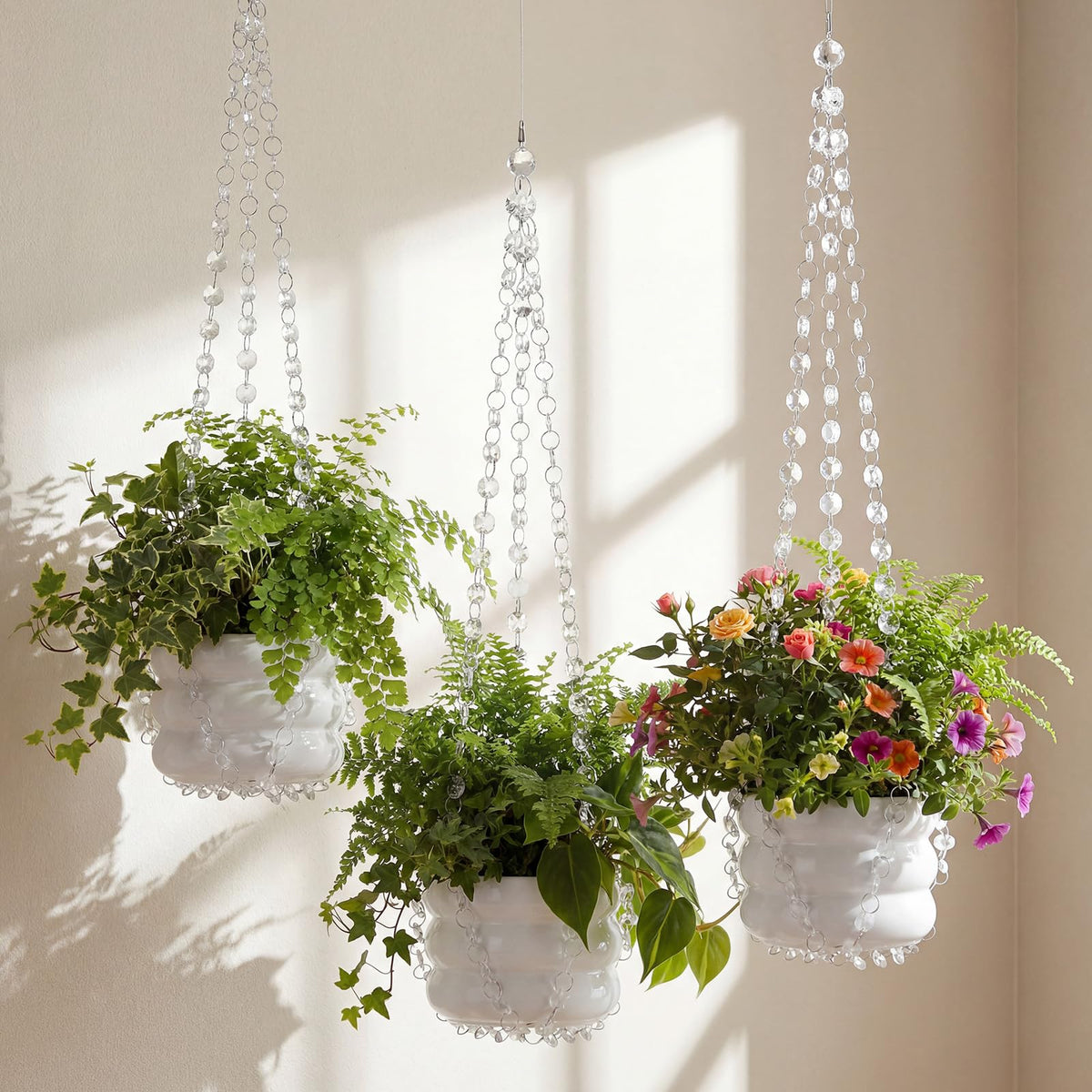 Sliner 3 Pack 24 Inch Crystal Beaded Plant Hanger Macrame Plant Hanger Decorative Hanging Planter Holder for Indoor Outdoor Boho Decor Wedding Home Garden