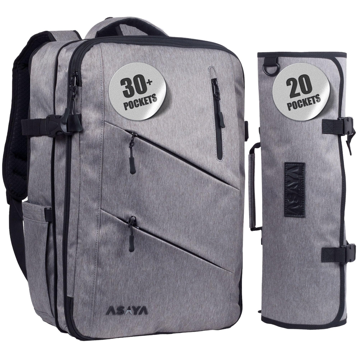 Asaya Chef Knife Backpack with 20-Pocket Knife Roll Bag - Over 30 Storage Pockets Chef Bag, Professional Backpack for Chefs and Culinary Students – Knives Not Included (Grey)