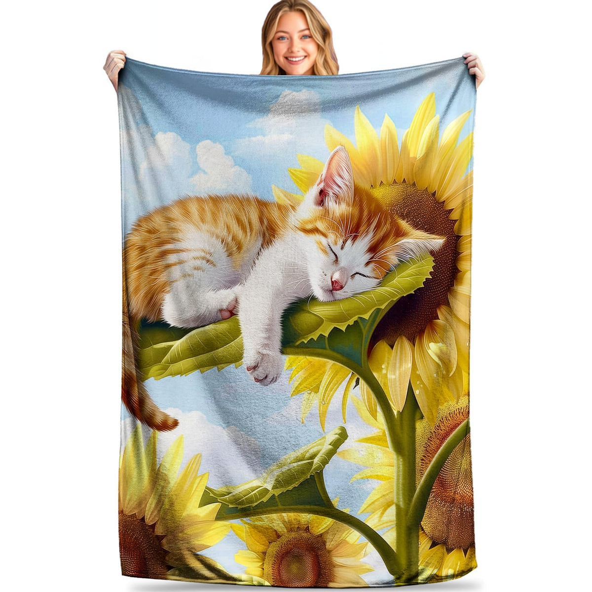MIEPOS Sunflower Slumber Cat Throw Blanket - Ultra Soft, Cozy, Lightweight Flannel - Warm, Plush, Fuzzy Decor for Couch, Office, Travel - Fluffy, Cute Cat and Flower Design 50×60 Inch