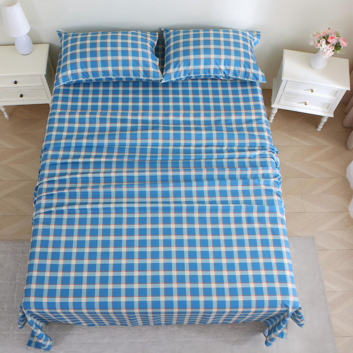 MUXHOMO Queen Size 4 Piece Sheet Set, Soft & Breathable Sheet for Bedroom with Deep Pocket Up to 16", Wrinkle-Free & Cooling Bed Sheet with Flat Sheet, Fitted Sheet & Pillowcases - Blue Green Plaid