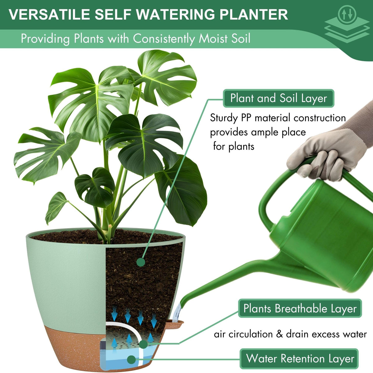 montresor 5 Pack Green 5/5.5/6/6.5/7 Inch Self Watering Planters for Outdoor, Plastic Plant Pots with Wick & Drainage, Small to Medium Indoor Pots for Snake Plant, Aloe