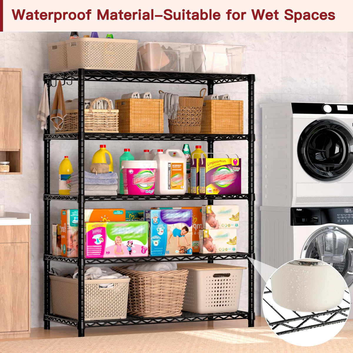PrimeZone Wire Metal Storage Shelves - 5 Tier Adjustable NSF-Certified Heavy Duty Garage Shelving Unit Organizer Rack, Steel Utility Shelf for Kitchen, Pantry, Closet, 35.5" W x 14" D x 72" H, Black