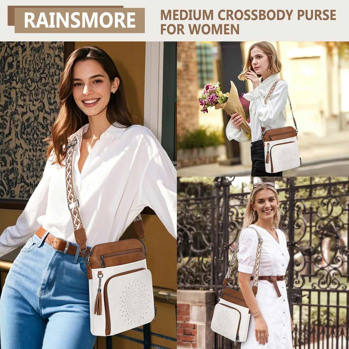 RAINSMORE Crossbody Bags for Women Leather Crossbody Purse Designer Womens Shouler Bags Handbags Trendy Medium Cross Body Purse Travel Work, white brown