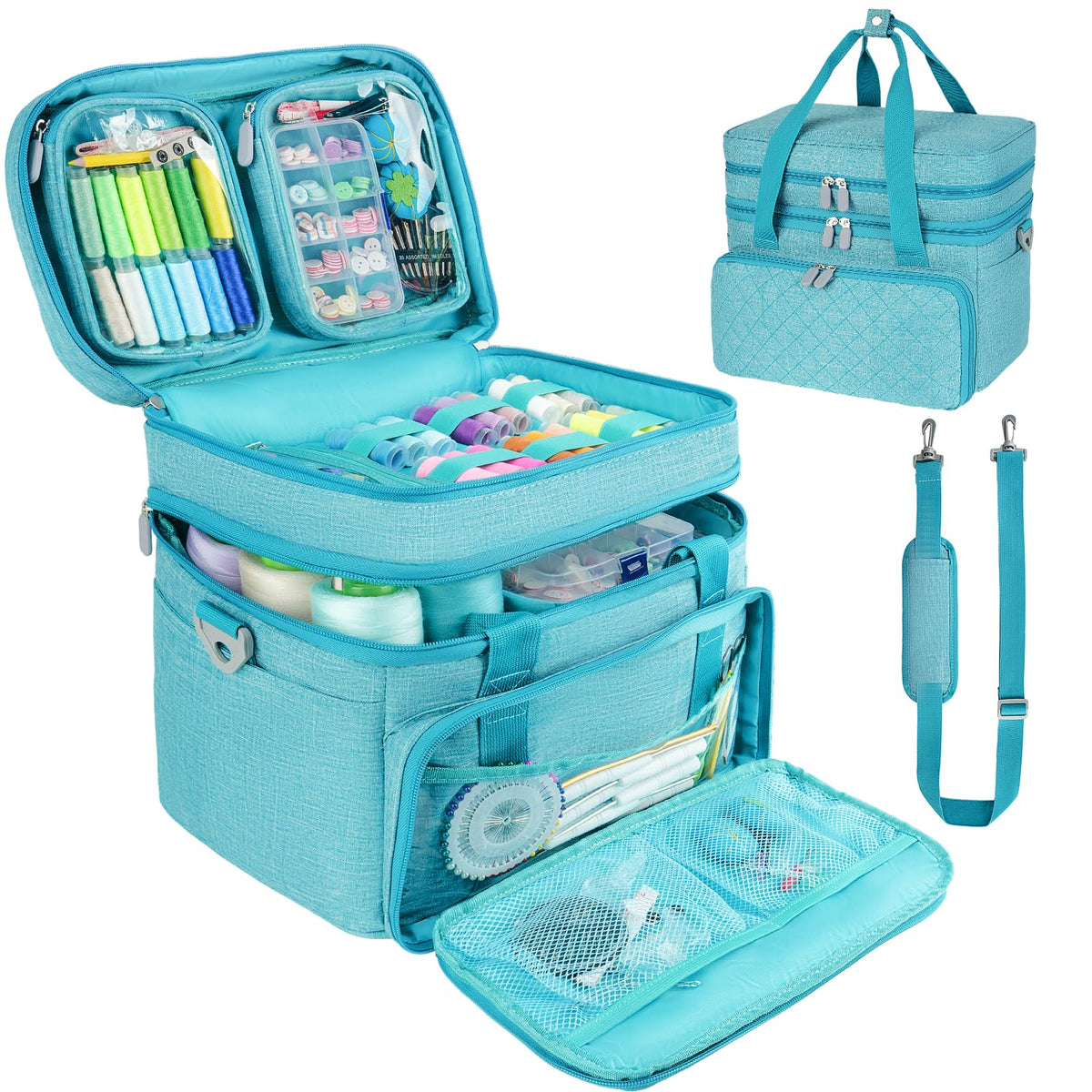MRINCA Sewing Accessories Organizer Bag, Double Layer Sewing Storage Bag with Shoulder Strap, 2 Detachable Pouches, Large Portable Sewing Travel Case for Supplies, Thread, Scissors, Tools (Blue)