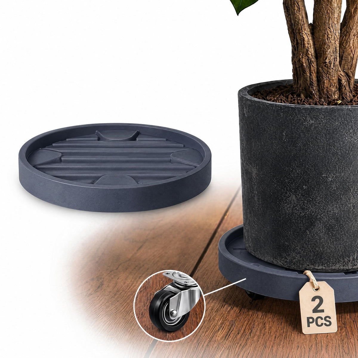 Dcpes 12Inch Plant Caddy with Hidden Wheels, Rolling Plants Stand with Wheel, 4 Invisible Casters, Indoor Plant Saucers on Wheels, Heavy Duty Wheeled Plant Dolly, Planter Roller Base, Gray, 2Pack