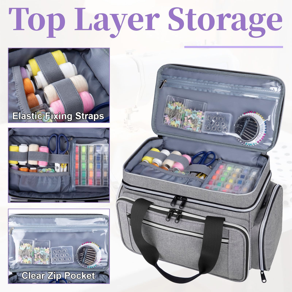 Anitor Large Sewing Supplies Organizer, Double Layer Sewing Storage Organizer with Two Detachable Dividers, Travel Sewing Bag Organizer with Shoulder Strap for Accessories, Gray, (Bag Only)