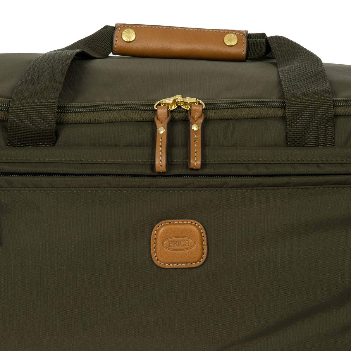 Bric’s X-Bag 21” Rolling Duffel – Water-Resistant Recycled Nylon Carry-On with Silent Wheels, Leather Details, Exterior Zipped Pocket, Garment Straps & Detachable Shoulder Strap – Olive