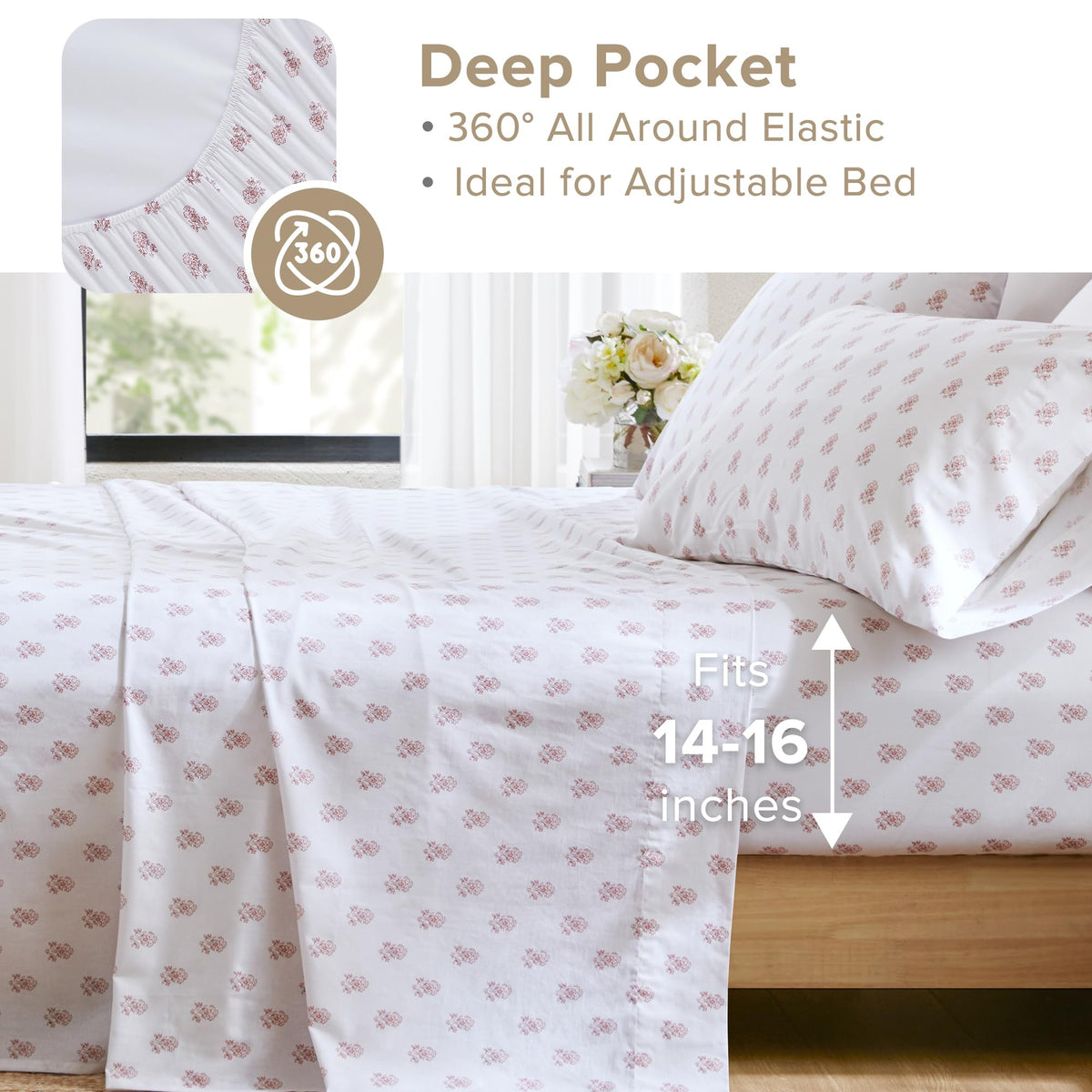 Comfort Spaces 100% Cotton Sheets King, Breathable, Naturally Cool Cotton Sheets, Soft Cotton Bed Sheets with 14" Elastic Pocket Fits up to 16" Mattress, All Seasons Sheet Set, Floral Pink 4 Piece