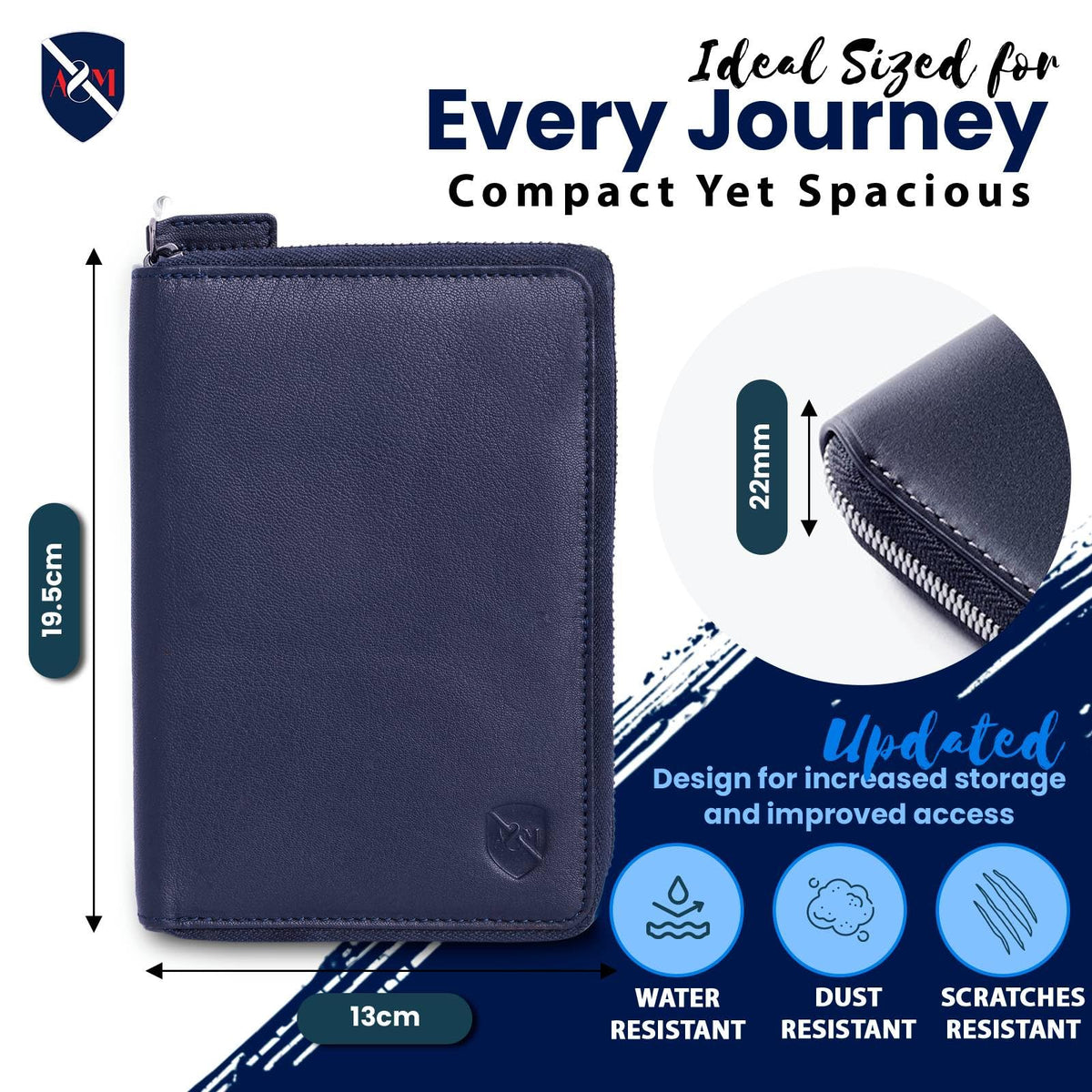 ALLEN & MATE 100% Leather Passport Holder for Travel RFID Blocking Passport Wallet for Men & Women - Zippered Compact Travel Document Organizer Fits Cash, Cards, SIM, ID and Tickets