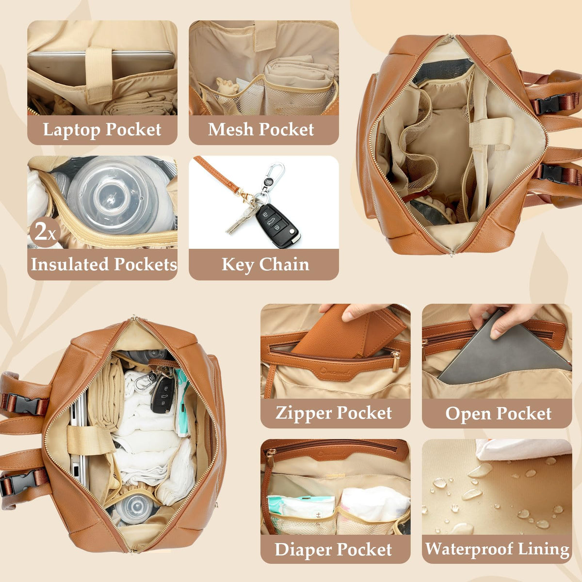 Omanmoli Diaper Bag Backpack Leather Backpack with 17 Pockets Travel Baby Diaper Bag,4 Insulated Pockets,Stroller Straps,Changing Pad,Brown