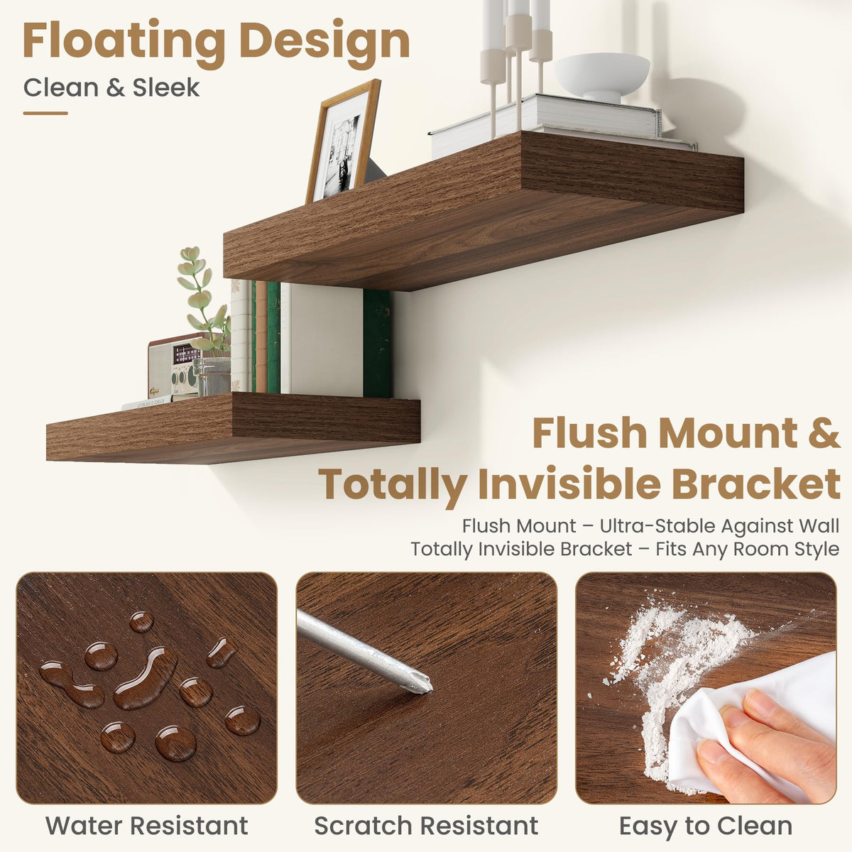 FLYJOE 24 Inch Long Floating Shelves for Wall Set of 2, 12" D Wood Grain Bathroom Shelves with Invisible Brackets, Easy Install Engineered Wood Storage Shelves for Kitchen, Living Room, Bedroom