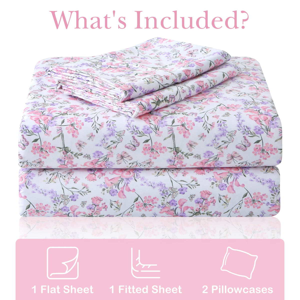 Mooreeke Cozy Vintage Microfiber Printed Full Sheet Set - Soft Breathable Percale Cotton Floral Bed Sheets with Deep Pocket - Non-Slip Fitted Design - Pink Purple Flowers Pattern