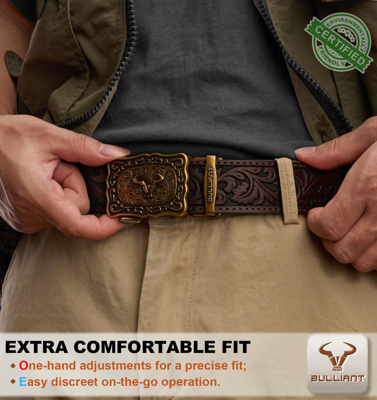 BULLIANT Men Belt-Ratchet Western Belt Adjustable for CowBoy Jean Casual Outdoor 1 1/2"-Cut For Fit(Deep Brown,38"-44" Waist Adjustable)