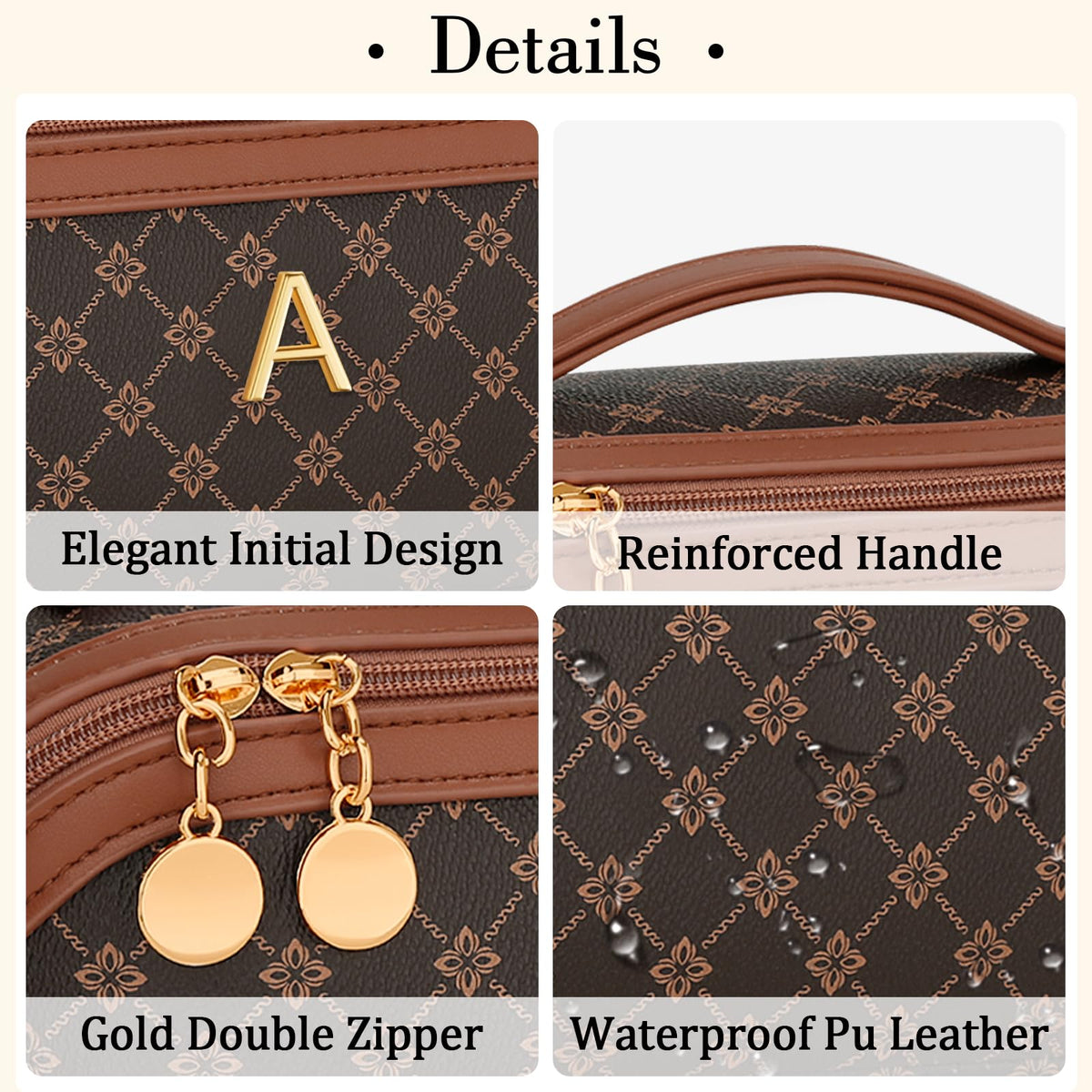 CLOUDWINGS Birthday Gifts for Women Teen Girl, Personalized Initial Makeup Organizer Bag Set, Open Flat Travel Cosmetic Bag With Clear Divider and Handle(Coffee,A)