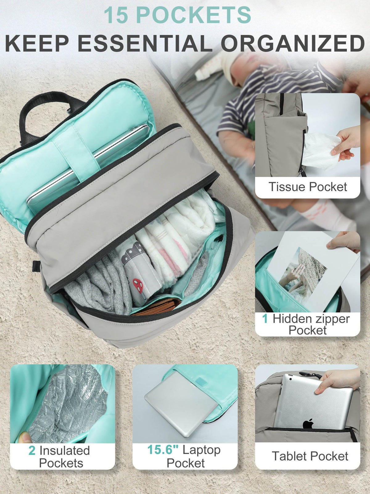 MOMINSIDE Diaper Bag Backpack - Large Puffer Diaper Bag - Neoprene Diaper Bag Quilted Baby Bag, Large Changing Pad, 15 Pockets, Lightweight, Grey