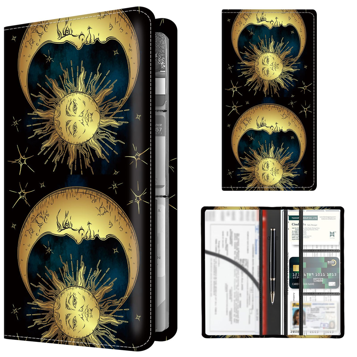 BAUCIWLD Premium Car Registration and Insurance Card Holder, Cute PU Leather Car Document Holder, Vehicle Glove Box Car Organizer with Magnetic Closure for Driver License, Cards Golden Sun and Moon