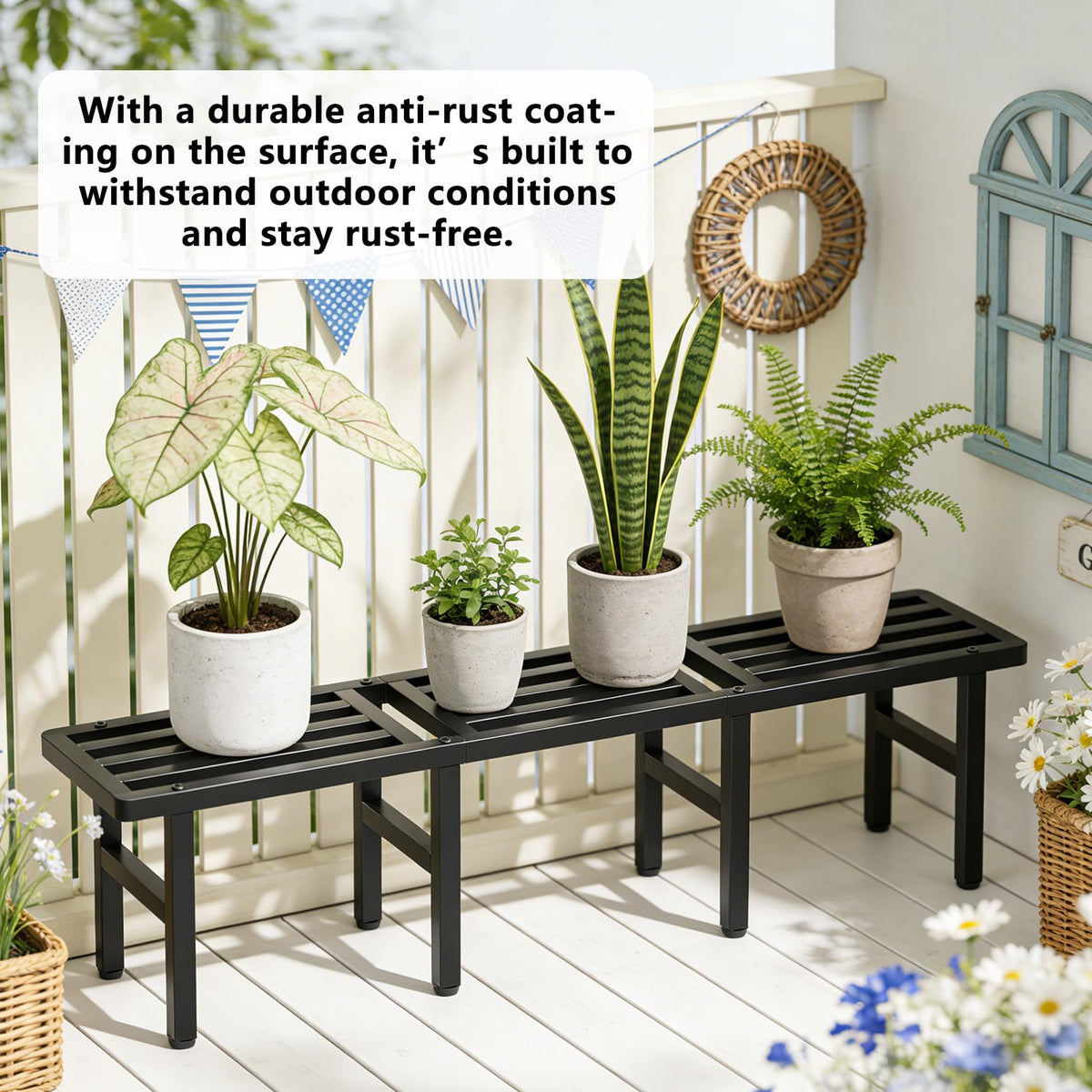 Umi.pzsy Modular Metal Plant Stand, Heavy Duty Expandable Plant Pot Shelf with Anti-Rust Coating, Adjustable Feet & Rounded Corners, Indoor Outdoor Plant Rack for Patio Balcony Living Room, Black