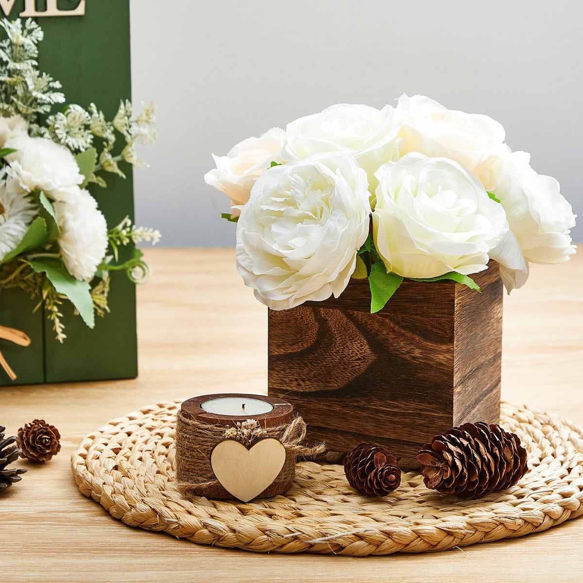 Dandat 12 Set Wood Cube Planter Box Square Wood Vase Rustic Cube Planter Box with Removable Plastic Liner Floral Foam Blocks for Centerpieces Home Wedding Garden Decor, Country Style (Brown)